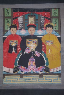 Ancêtres Chinois sur toile Dynastie Qing 3 personnes