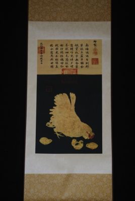Chinesische Malereien Hennen und 5 Küken