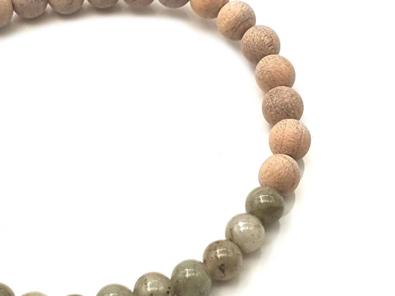 Jade and wood Bracelet - 6mm - Camphor and Green spotted jade 3