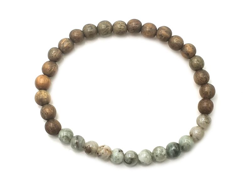 Jade and wood Bracelet - 6mm - Green sandalwood and mottled green jade 1