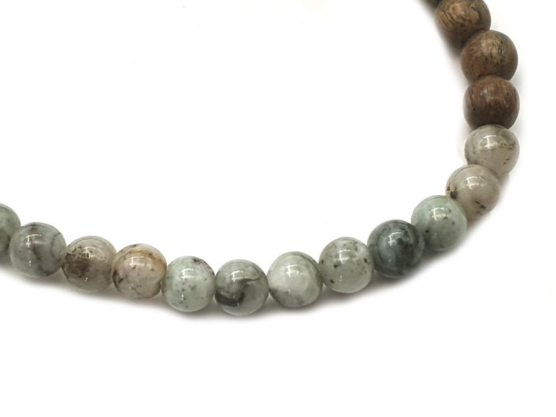 Jade and wood Bracelet - 6mm - Green sandalwood and mottled green jade 2