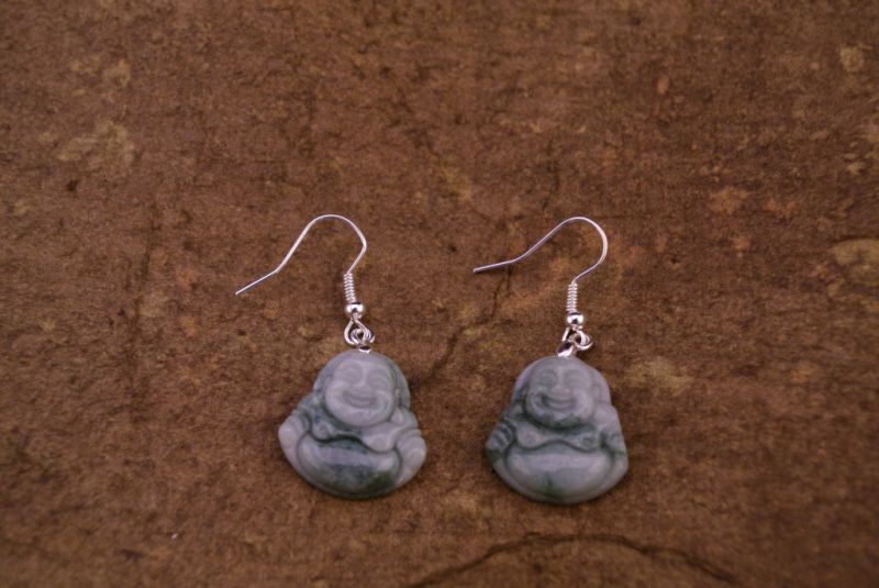 Jade-Grün und Weiss Ohrringe Lachender Buddha 2
