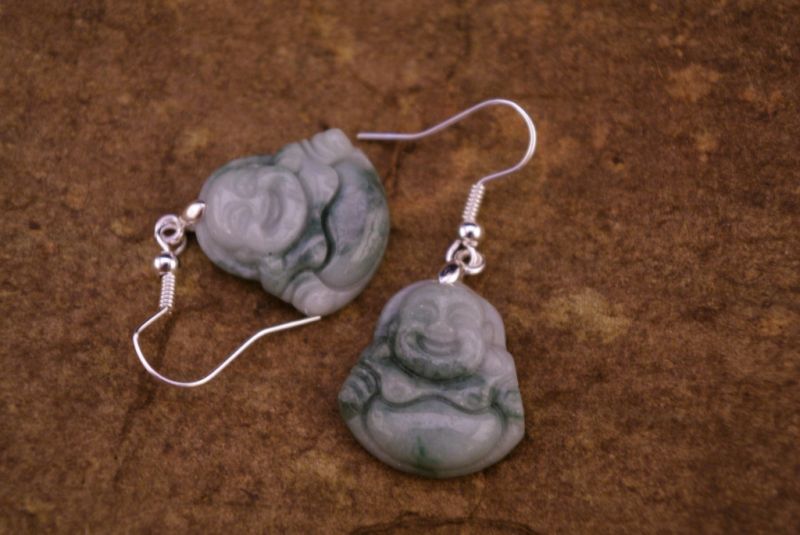 Jade-Grün und Weiss Ohrringe Lachender Buddha 3