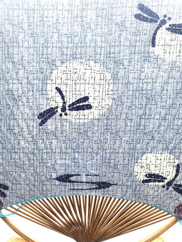Japanese fan - Uchiwa - Wood and Fabric - Blue - Dragonflies 2