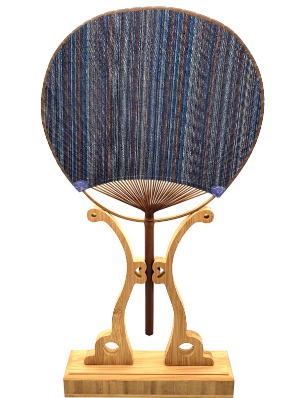 Japanese fan - Uchiwa - Wood and Fabric - Blue striped 1