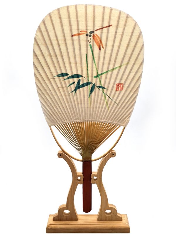 Japanese Hand Fan - Uchiwa - Wood and Paper - Dragonfly on bamboo 1