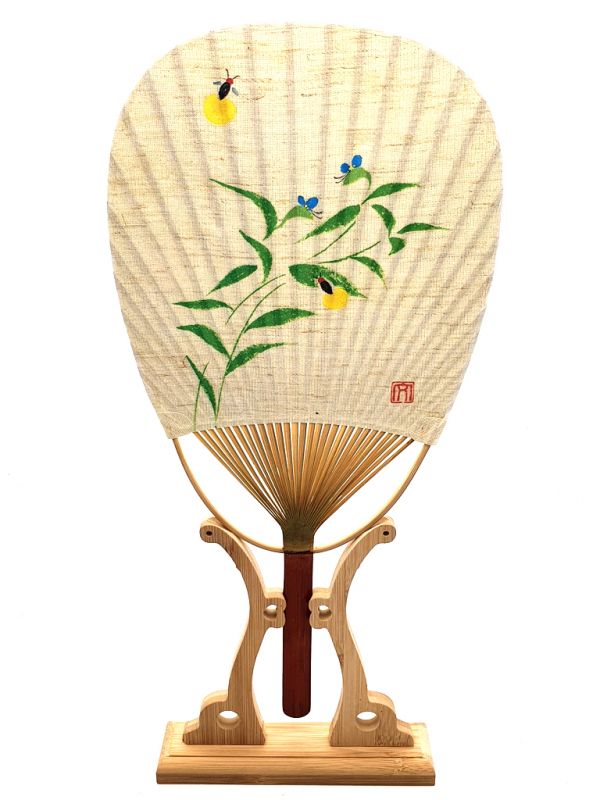Japanese Hand Fan - Uchiwa - Wood and Paper - Insects and bamboo 1