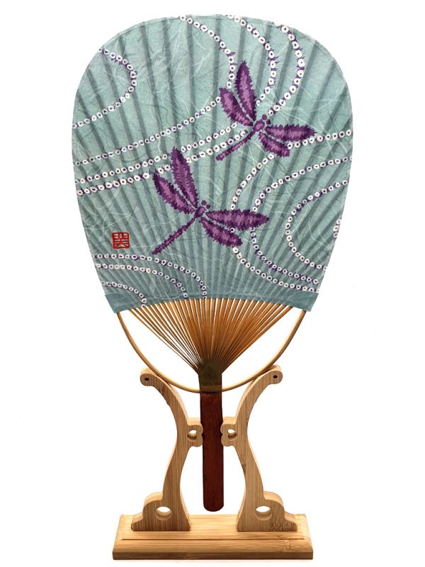 Japanese Hand Fan - Uchiwa - Wood and Paper - The two dragonflies 1