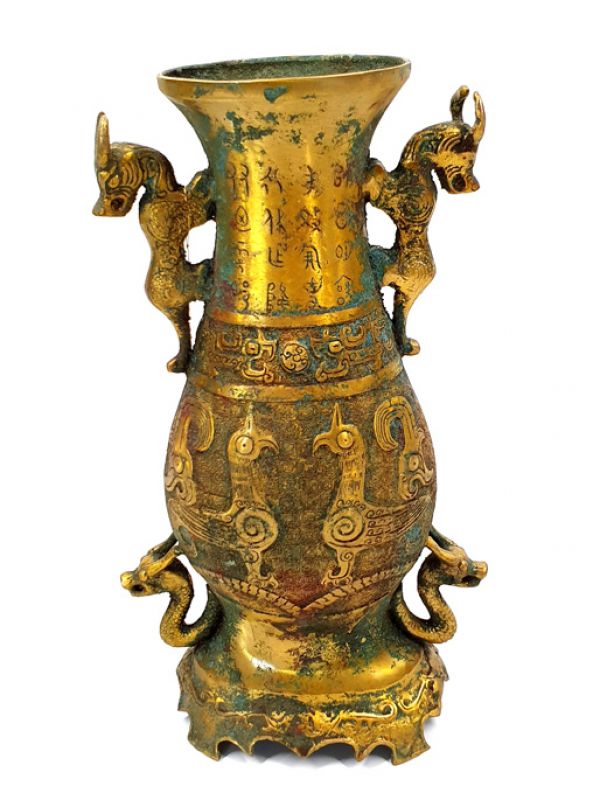 Jarrón chino en bronce dorado - animales míticos 1