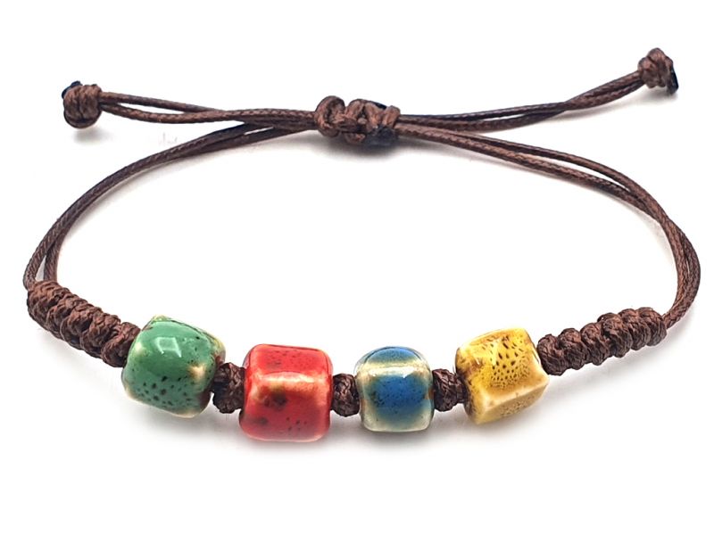 Joyas de cerámica / porcelana - Pulsera pequeña - 4 cuentas cuadradas (rojo / amarillo / verde / azul) 2