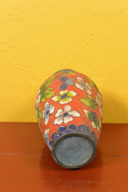 Kleine Chinesische Vase in Cloisonné Rot Blumen 5