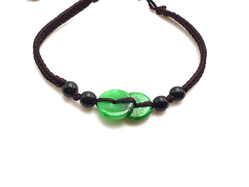 Kleines Jade Armband 2 Jadescheiben - braune Schnur 2