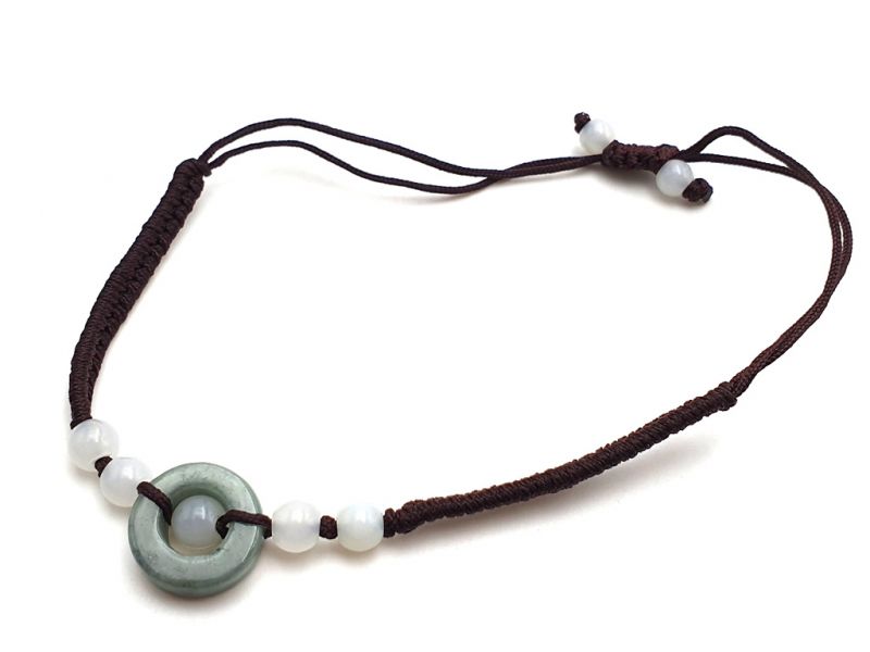 Kleines Jade Armband Jadescheibe und Perle - braune Schnur 3