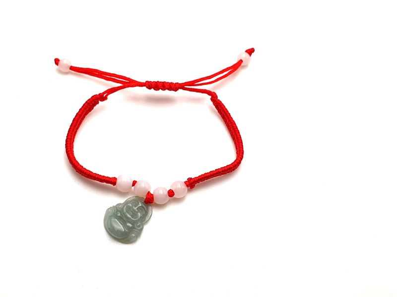 Kleines Jade Armband Lachender Buddha - rote Schnur 3