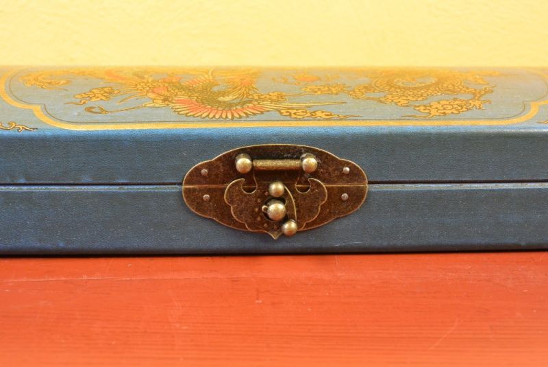 Lange Chinesische Holzkiste Blau Drache und Phoenix 2