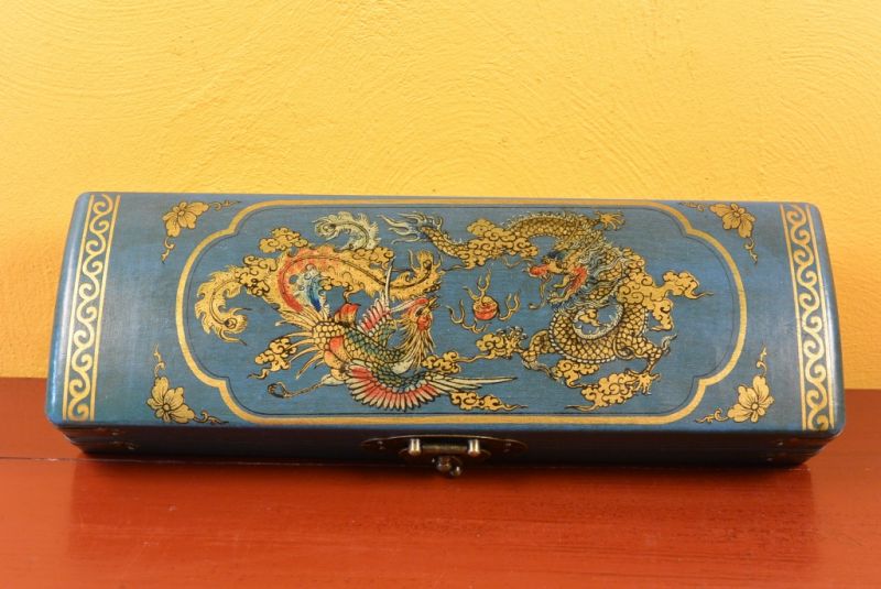 Lange Chinesische Holzkiste Blau Drache und Phoenix 3