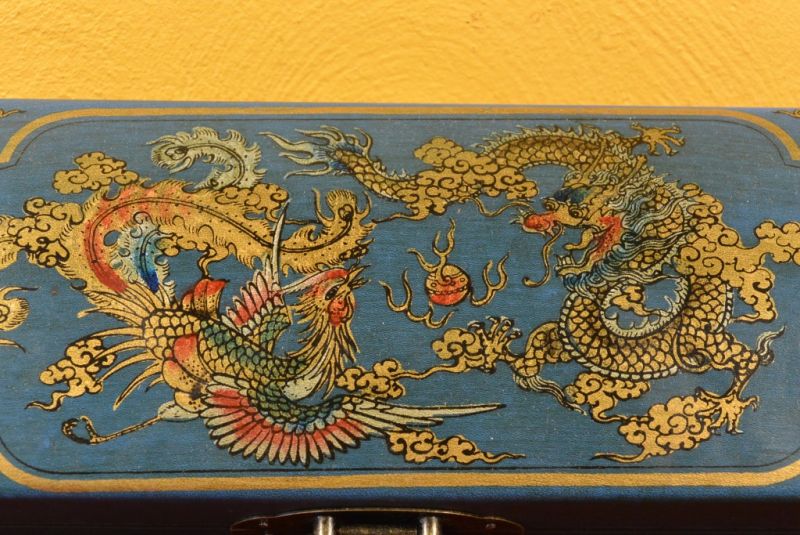 Lange Chinesische Holzkiste Blau Drache und Phoenix 4