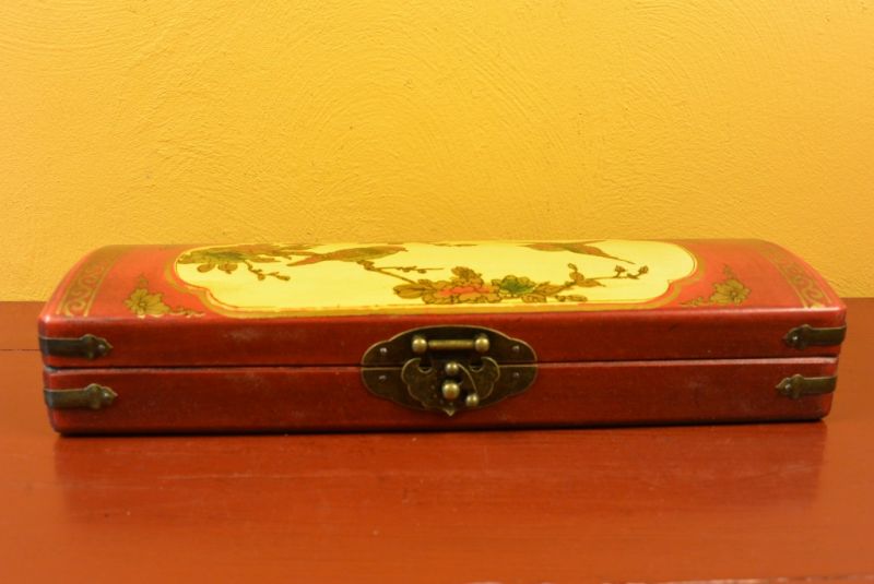 Lange Chinesische Holzkiste Rot und gelb Vögel 2