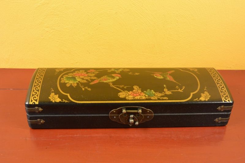 Lange Chinesische Holzkiste Schwarz Vögel 2