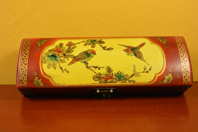 Larga caja de madera de China Roja y Amarillo Aves 3