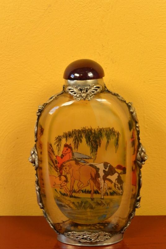 Large Chinese Glass Snuff Bottle Horses 1
