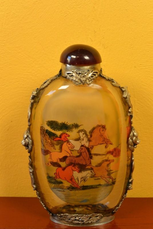 Large Chinese Glass Snuff Bottle Horses 2