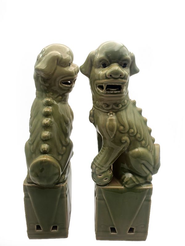 Large Fu Dog pair in porcelain - Celadon green 3