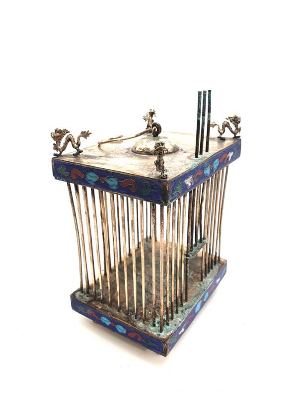 Large Old Chinese cricket Blue cage in Cloisonne Metal 4