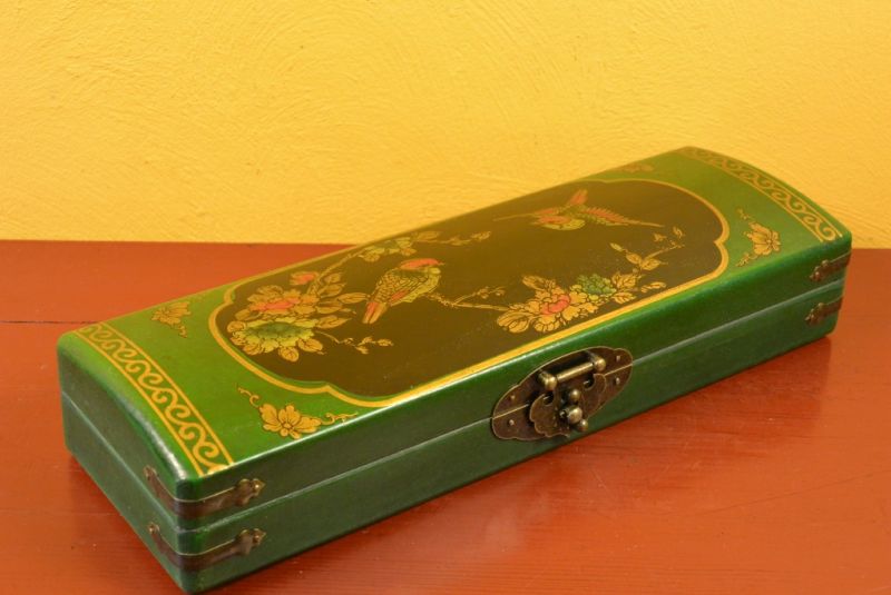 Long Chinese wooden box Green and Black Birds 1