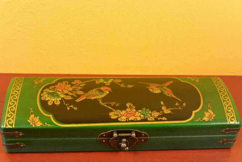 Long Chinese wooden box Green and Black Birds 3