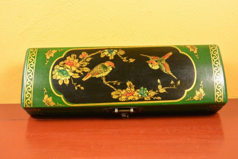 Long Chinese wooden box Green and Black Birds 4