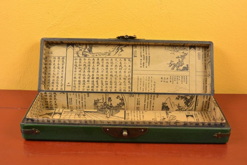 Long Chinese wooden box Green and Black Birds 5