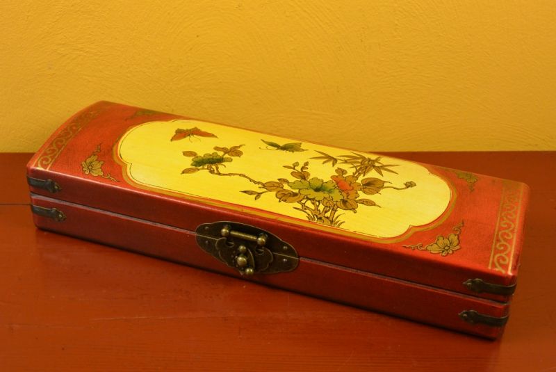 Long Chinese wooden box Red and Yellow Birds 1