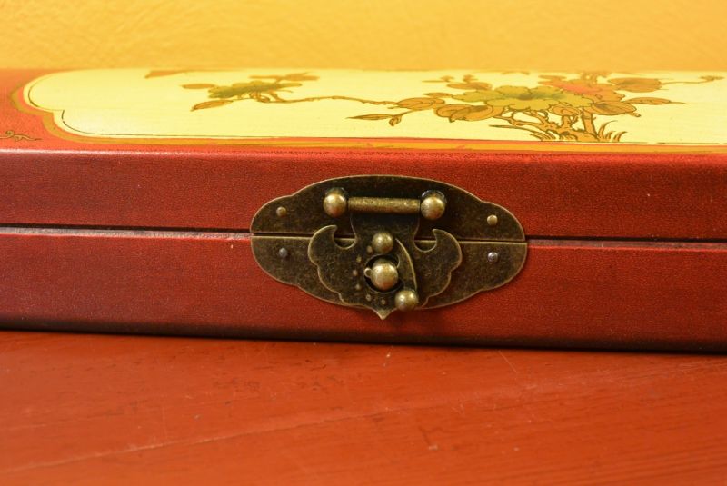 Long Chinese wooden box Red and Yellow Birds 2