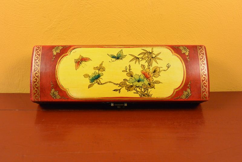 Long Chinese wooden box Red and Yellow Birds 3