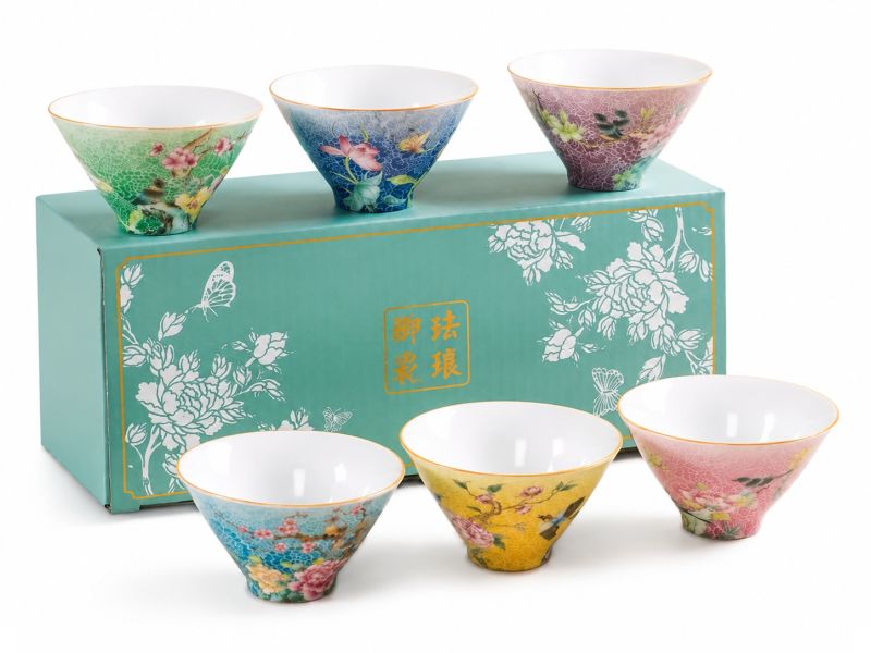 Lot de 6 Tasses Chinoises en Porcelaine à Décor Floral - Coffret Cadeau