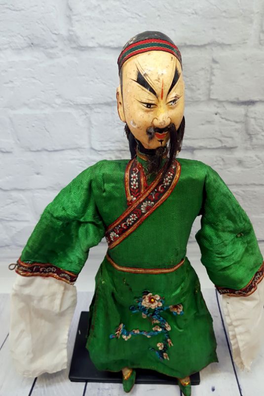 Marioneta del teatro chino antiguo - provincia de Fujian - Disfraz de seda verde / hombre 2