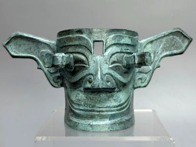 Masque aux yeux proéminents SanXingDui en laiton style antique – Sculpture chinoise 20,5 cm