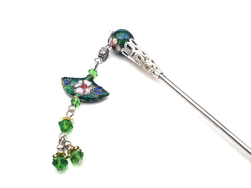 Metal and cloisonné hair stick - Green 2