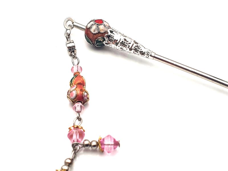 Metal and cloisonné hair stick - Pink 2