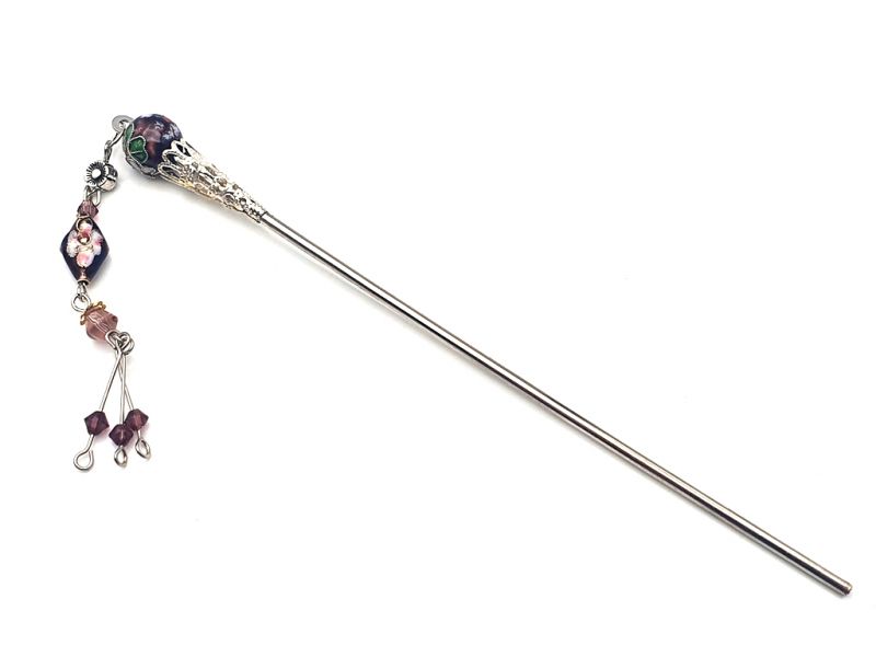 Metal and cloisonné hair stick - Purple 1