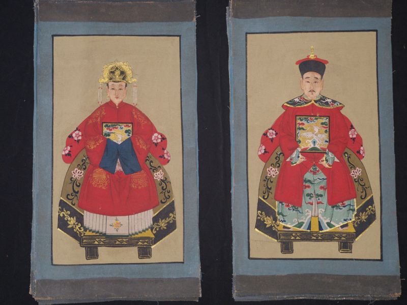 Ming Pequeña Pareja de ancestros Chinos Pintura Rojo 1