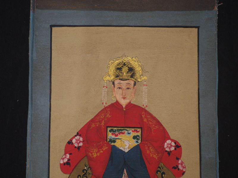 Ming Pequeña Pareja de ancestros Chinos Pintura Rojo 2