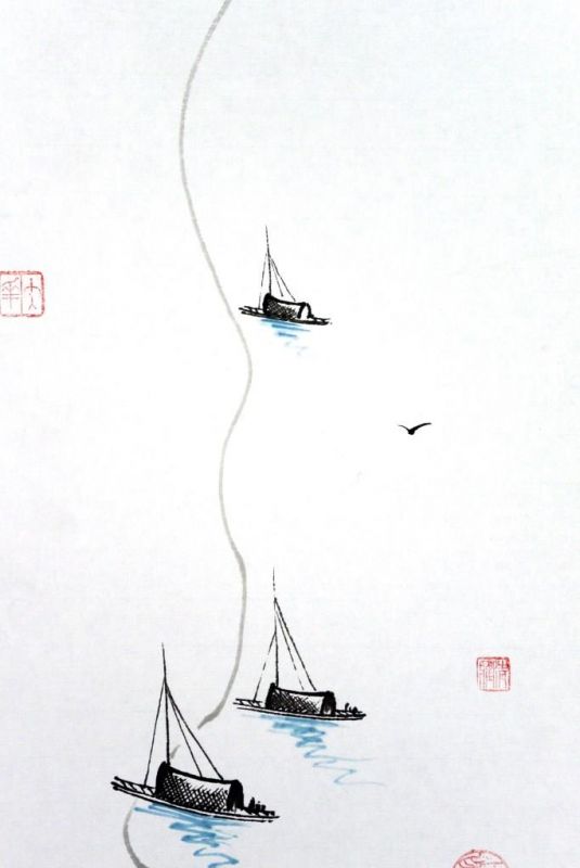 Moderne chinesische Malerei - Aquarell auf Reispapier - Angeln 2