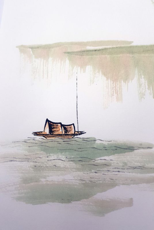Moderne chinesische Malerei - Aquarell auf Reispapier - Das Boot im Fluss 2