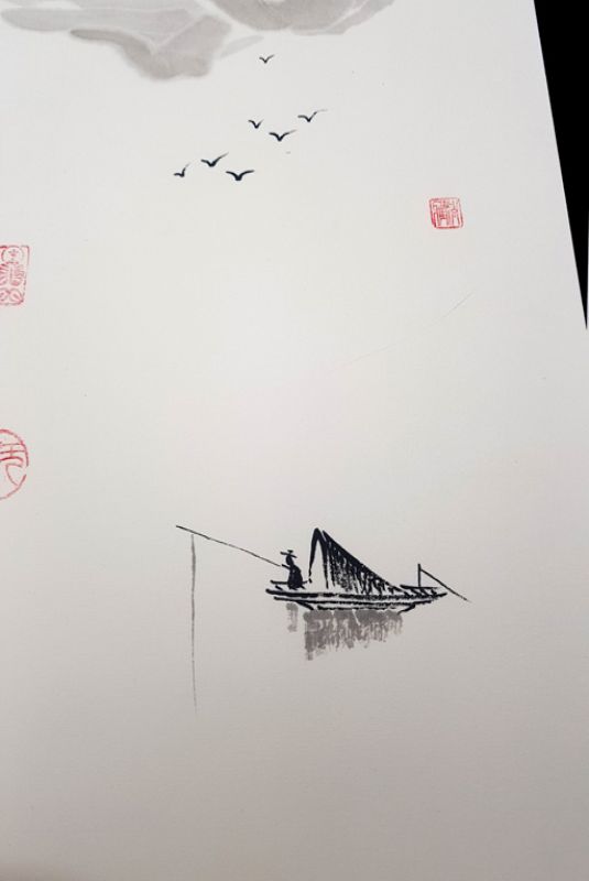 Moderne chinesische Malerei - Aquarell auf Reispapier - Der Fischer des Vulkansees 2