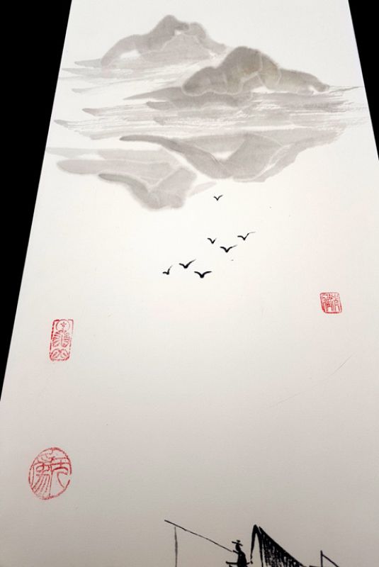 Moderne chinesische Malerei - Aquarell auf Reispapier - Der Fischer des Vulkansees 3