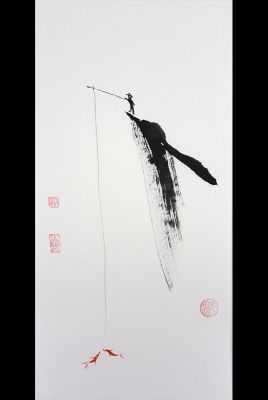 Moderne chinesische Malerei - Aquarell auf Reispapier - Der Fischer