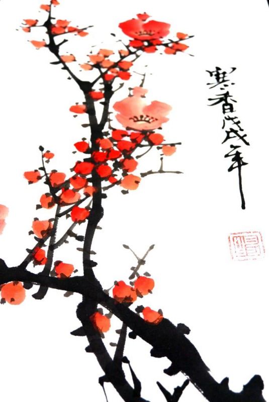 Moderne chinesische Malerei - Aquarell auf Reispapier - Der Kirschbaum 2