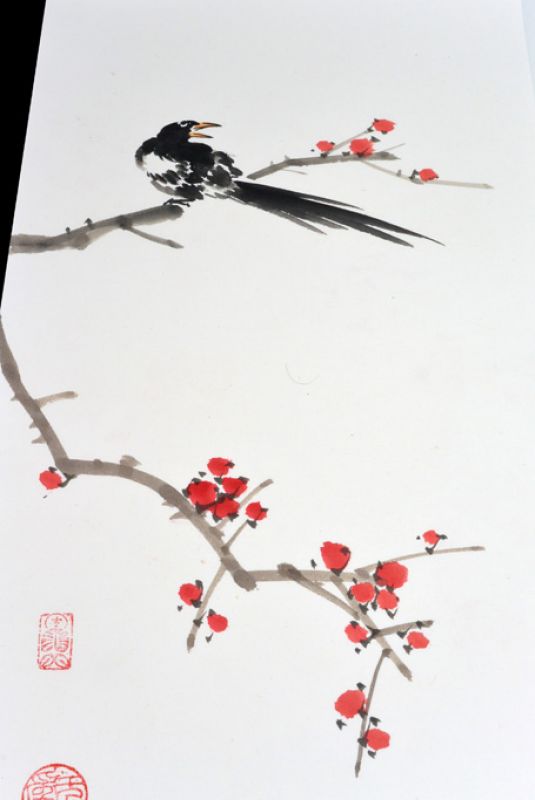 Moderne chinesische Malerei - Aquarell auf Reispapier - Der Rabe und der Kirschbaum 2